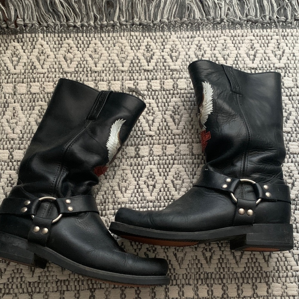 Harley-Davison Black Leather Boots with Eagle Embroidery